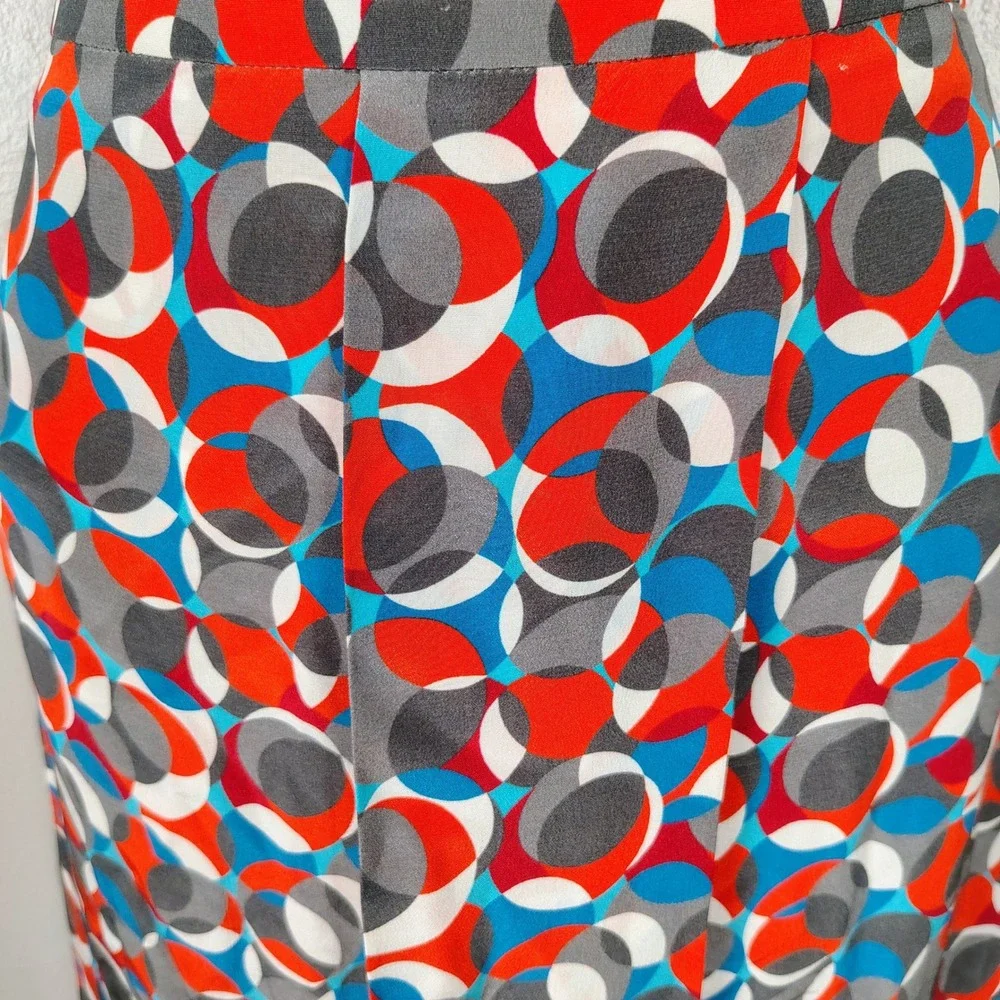 Silk Geometric Circle Print Maxi Skirt Red Blue Grey Size 10 Wrap Front Slit - Picture 3 of 13